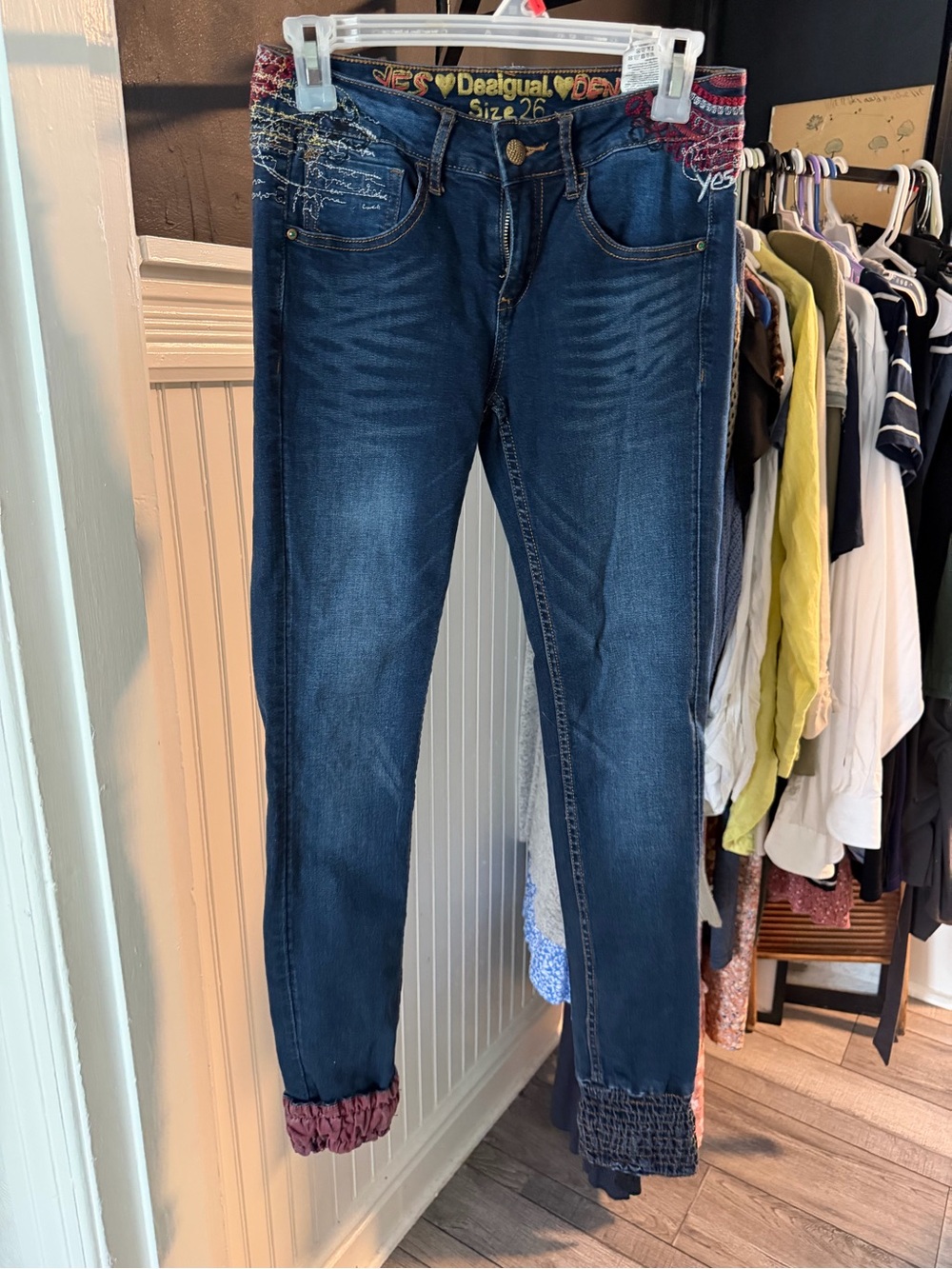 Desigual Dark Blue Skinny Jeans with Multicolor Embroidery and Patterned Cuffs
